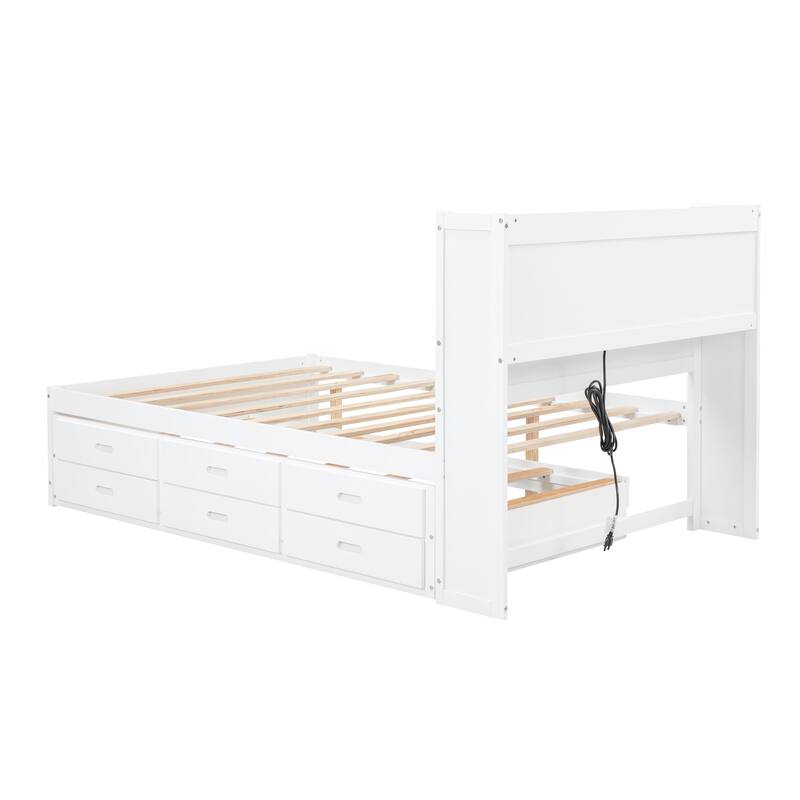 Full Platform Bed with Twin Size Trundle,Bookcase Headboard,Charging Station and 3 Drawers,Wood Full Storage Bed Frame for Kids