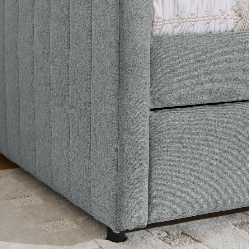 Twin Size Linen Upholstered Daybed with Trundle - Vertical Striped Sofa Bed with Foam Padding