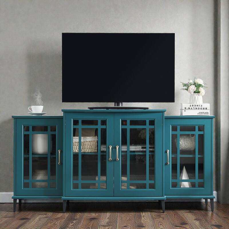 62" Modern TV Stand with Glass Door Cabinets, Buffet Sideboard with Adjustable Shelves & Cable Management - Teal Blue
