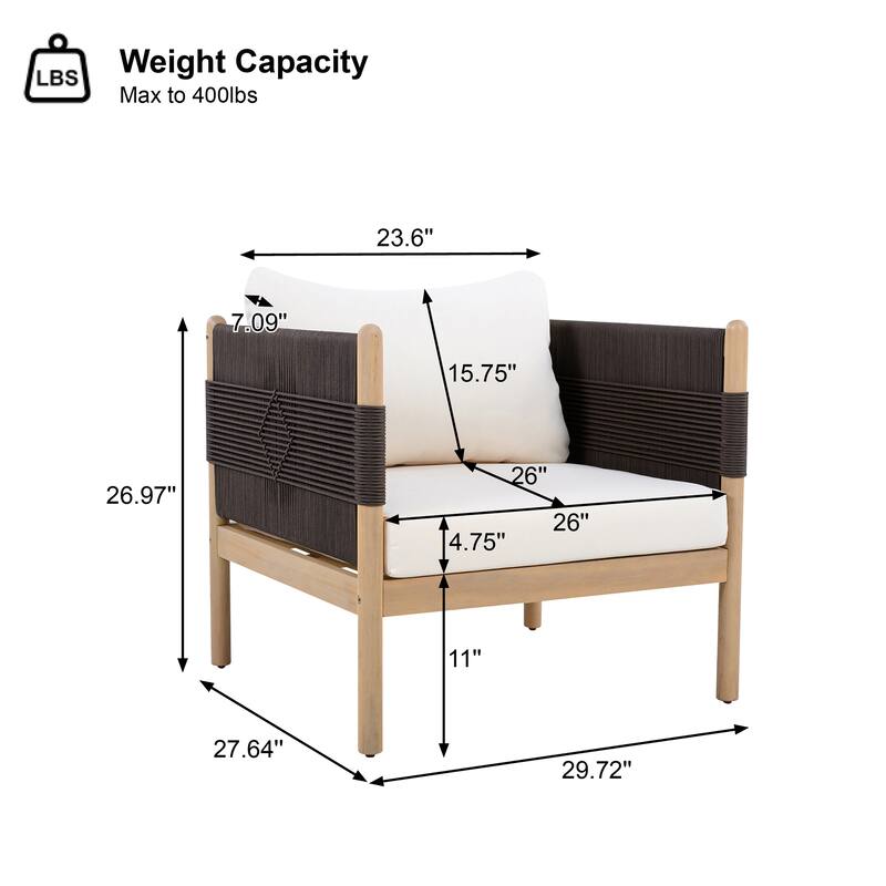 Christopher Knight Home - Outdoor Patio 29.72" Acacia Wood Club Chair with Handwoven Rope Panels and Cushions