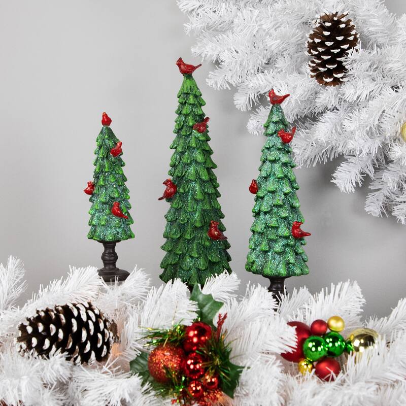 Glittered Christmas Tree with Cardinals Decoration - 8.75" - Green and Red