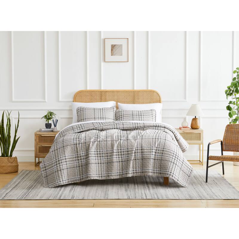 Vilano Choice Ultra-Soft Plaid 3-piece Quilt and Sham Set - Mocha - King - Cal King