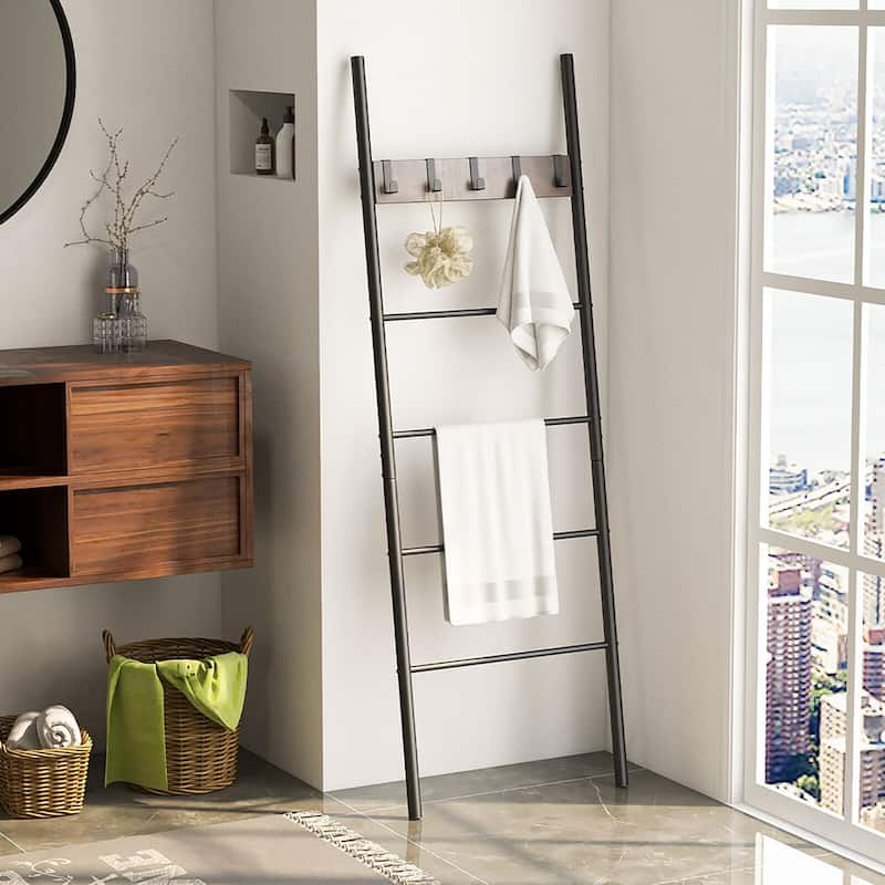 Gymax 5-Tier Ladder Shelf Wall Leaning Blanket Ladder w/5 Removable