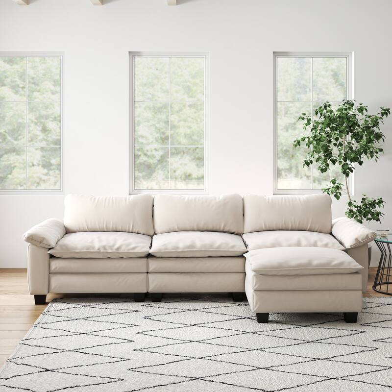 Luxury Velvet Upholstered Sectional Sofa Couch with Ottoman