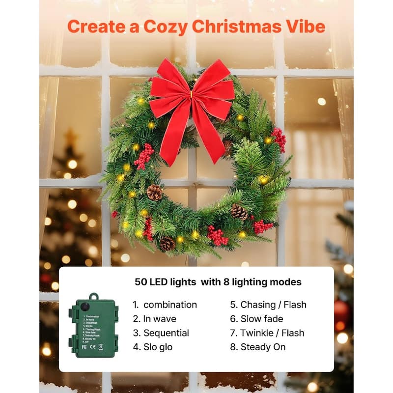 24 Inch Pre-Lit Christmas Wreath Battery Operated Green Holiday Decoration with LEDs Timer - 24 x 24 x 6.3 in