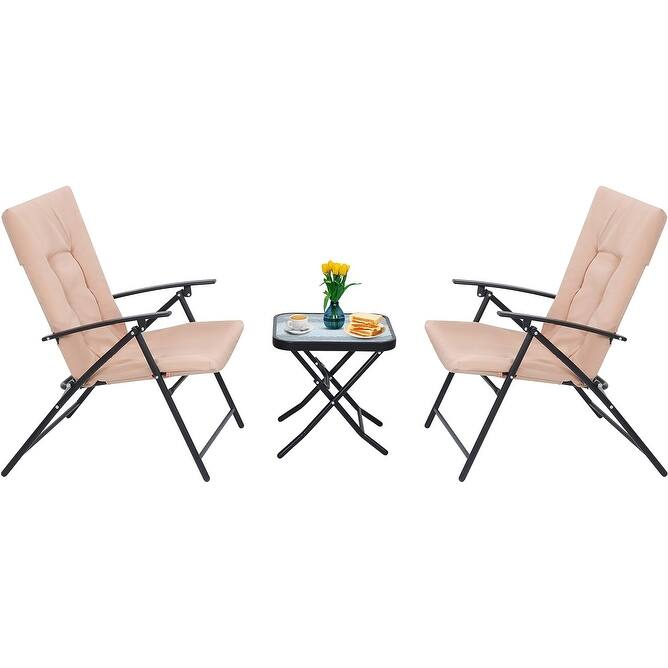 3-Piece Folding Patio Bistro Dining Set, Furniture Set with 2 Folding Reclining Chairs with Cushion and 1 Folding Glass Table - Beige