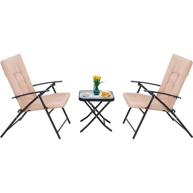 3-Piece Folding Patio Bistro Dining Set, Furniture Set with 2 Folding Reclining Chairs with Cushion and 1 Folding Glass Table