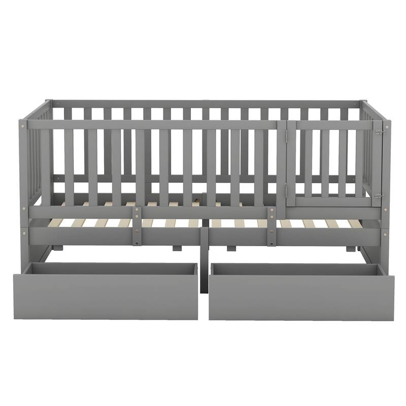 Modern Wood Daybed with Fence Guardrails and 2 Drawers