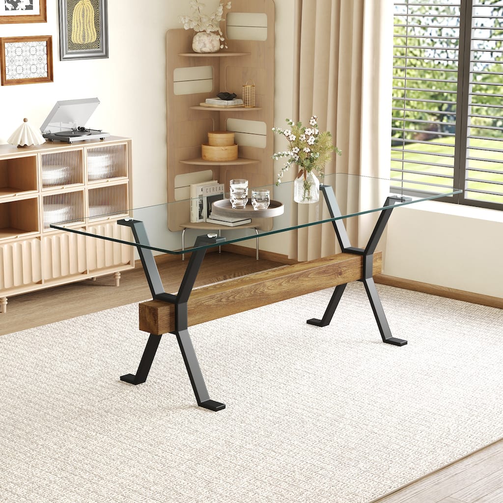 Elegant Transparent Tempered Glass Dining Table,With X-Shaped Metal Table Legs,Wood Grain Textured Mdf Crossbeam
