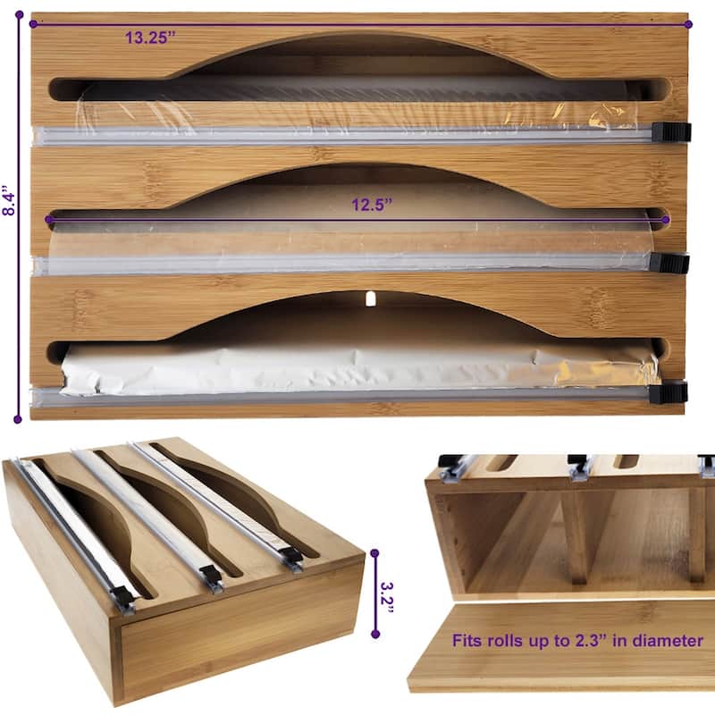 Luxe Bamboo Plastic Wrap/Wax Paper/Aluminum Foil Dispenser for Drawer or Wall Mountable - Cling Wrap / Tin Foil Kitchen Holder