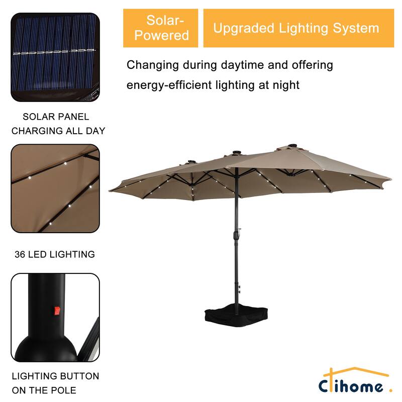 Clihome 15FT Double-Sided Solar Light Market Crank Umbrella with Base