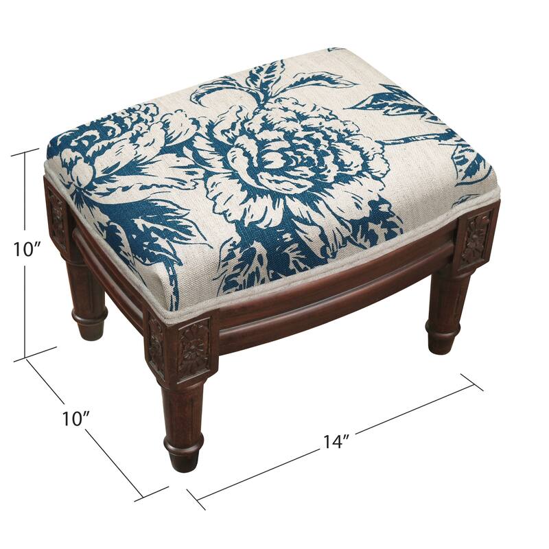 Navy Blue Peony Footstool with wood stained finish