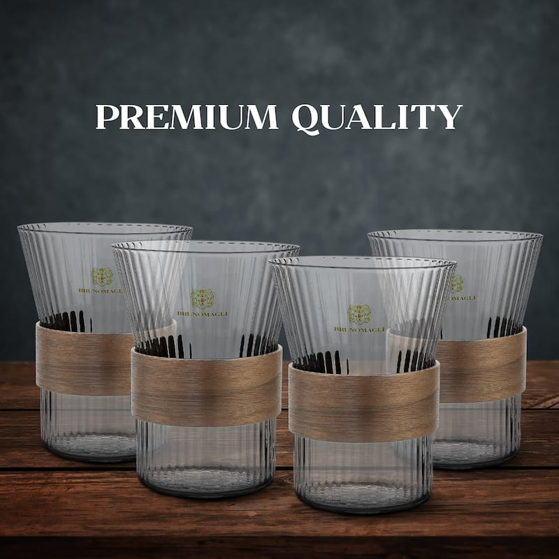Bruno Magli Set of 4 Whiskey Rock Glasses with Wood Band - 10 oz