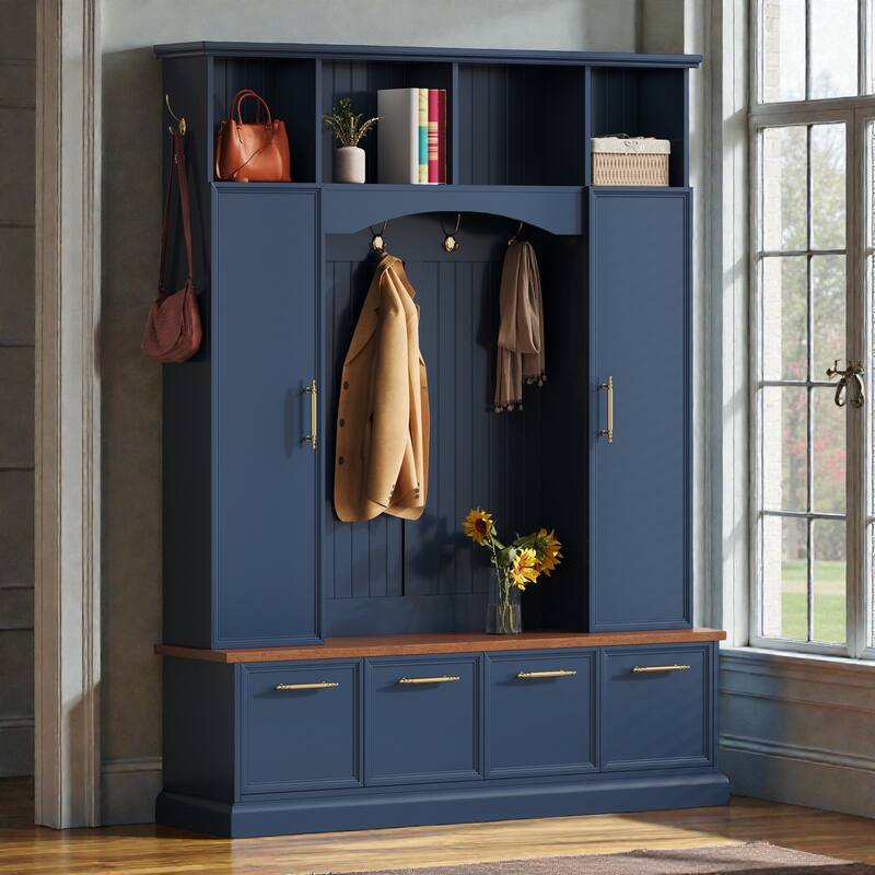 4-in-1 Farmhouse Hall Tree with Walnut Bench, 8 Hooks, Adjustable Shelves and Shoe Storage, Entryway Coat Rack, 59" W