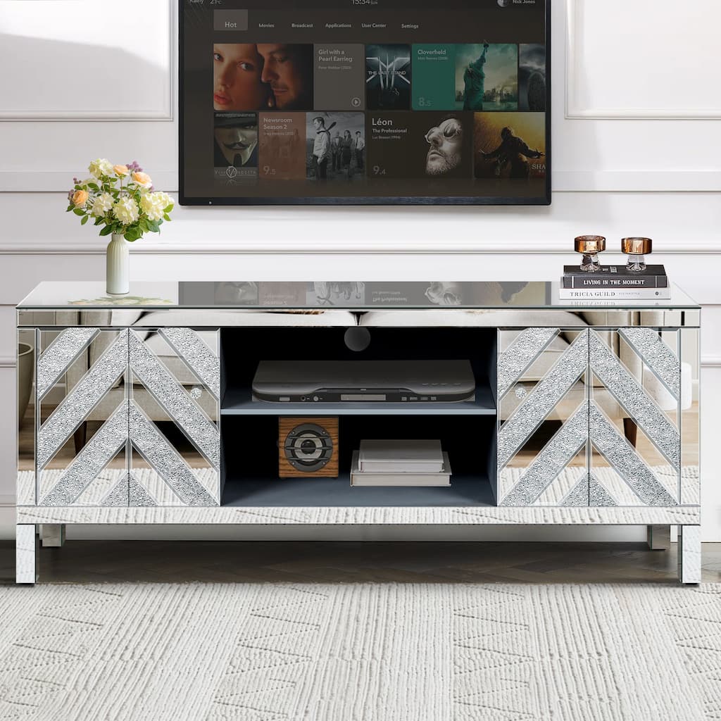 59" TV Stand with M Shape Sparkling Mirror Doors, Open Storage and 2 Storage Cabinets for TVs Up to 65"