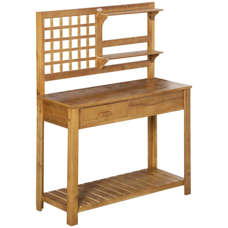 Wood Outdoor Potting Table with Trellis Panel and Multi-Storage Drawer, Waterproof Garden Workbench Table