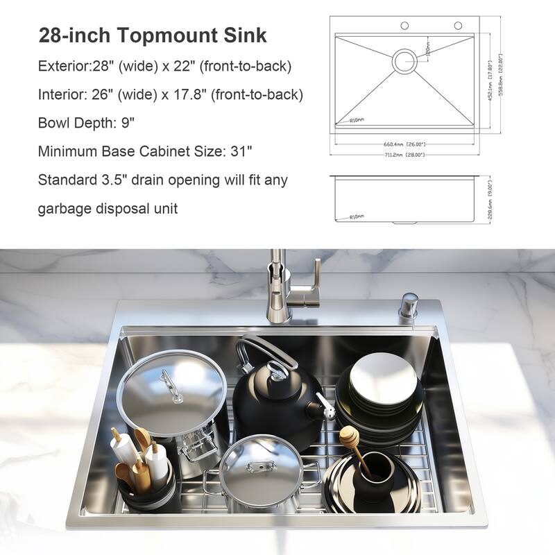 Drop In Workstation Sink,Handmade Single Bowl Workstation Rounded Corner kitchen Sink with Accessories
