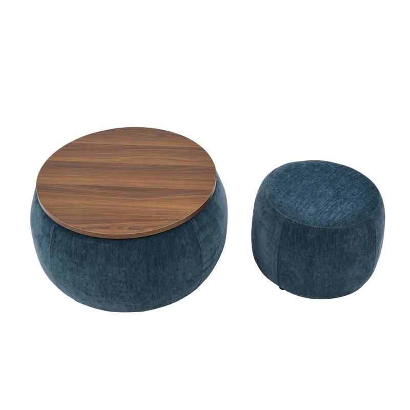 Roomfitters Round Storage Ottoman with Small Seat, 2-in-1 Design Serves as End Table or Footrest, Accent Furniture