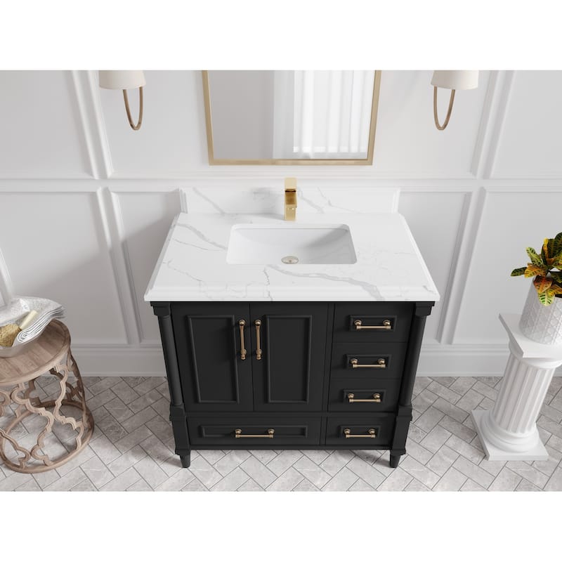 Willow Collections 36 in. W x 22 in. D Aberdeen Center Sink Left Bathroom Vanity with Countertop - 1.5" Calacatta Laza - Black