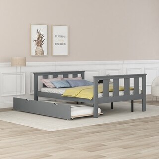 Full Size Classic Modern Design Solid Wood Platform Bed with Pull Out Trundle and Headboard and Footboard