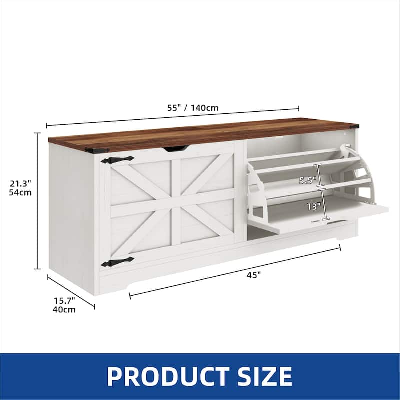 Moasis Farmhouse Shoe Storage Bench and Shoe Cabinet with Flip Drawer & Flip-Top Storage