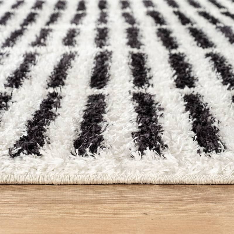 Bohemian Stripe Lines Shag Rug - Textured Surface - Anthracite Dark Gray - Easy to Clean