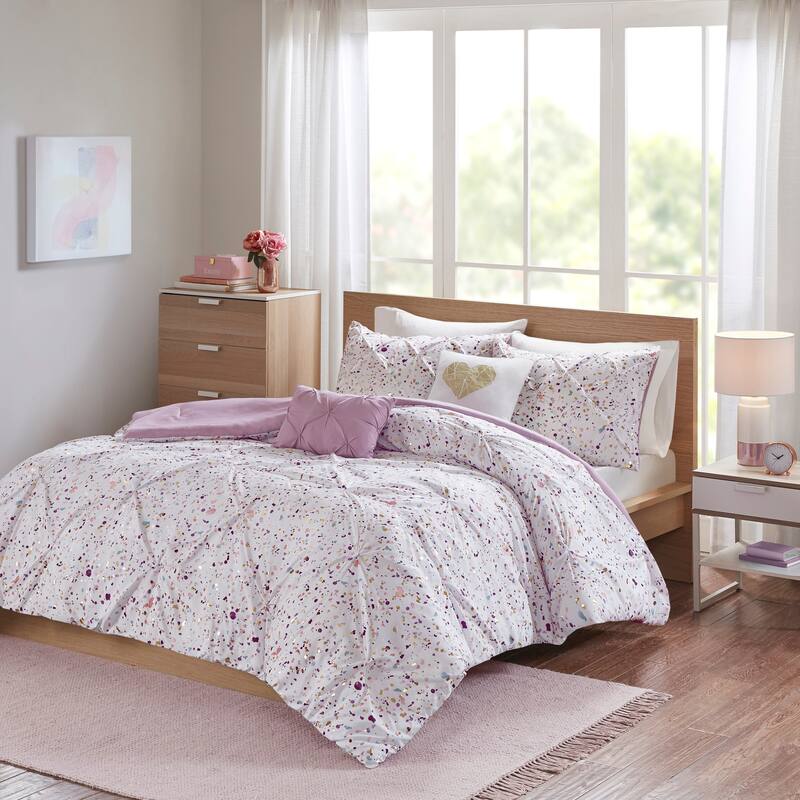 Intelligent Design Lara Metallic Printed and Pintucked Comforter - Plum - Twin - Twin XL