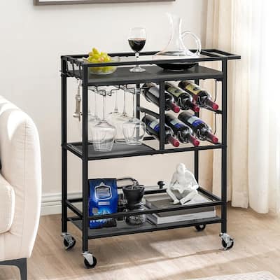 3-Tier Home Bar Serving Cart with Handle, Wine Rack, and Glass Holders