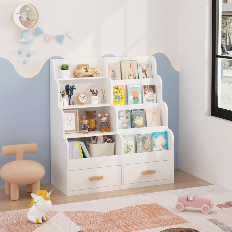 Anmytek Kids Bookshelf with 2 Storage Drawers, Front-Facing Children's Bookcase and Toy Organizer, Multi-Tier Reading Shelf