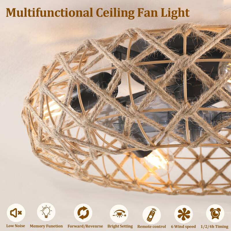 19" Ceiling-mounted Jute Rope Fan Light Strip with 4 Bulbs, Dimmable, 7 Dlades, Reversible DC Motor - Earthy Yellow