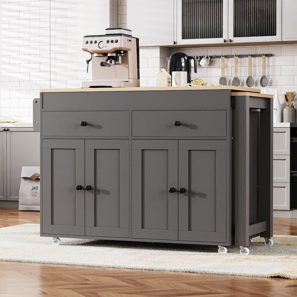 Roomfitters 74.8" Rolling Kitchen Island with Extendable Dining Table, Mobile Cart with 4 Doors, 2 Drawers & Spice Rack