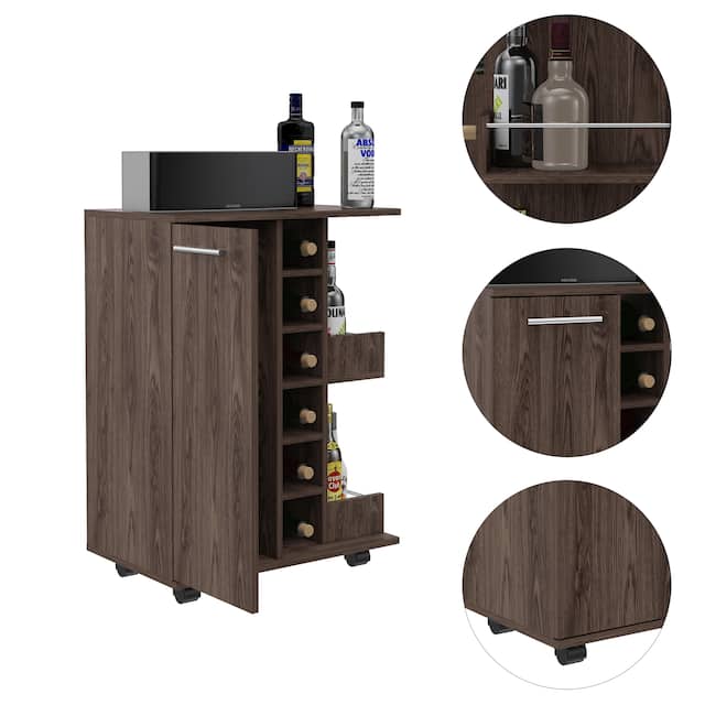 Bar Cart with 2 External Shelves, 4 Casters, 6 Wine Cubbies, and Single Door Cabinet - 23" W x14"D x 32"H
