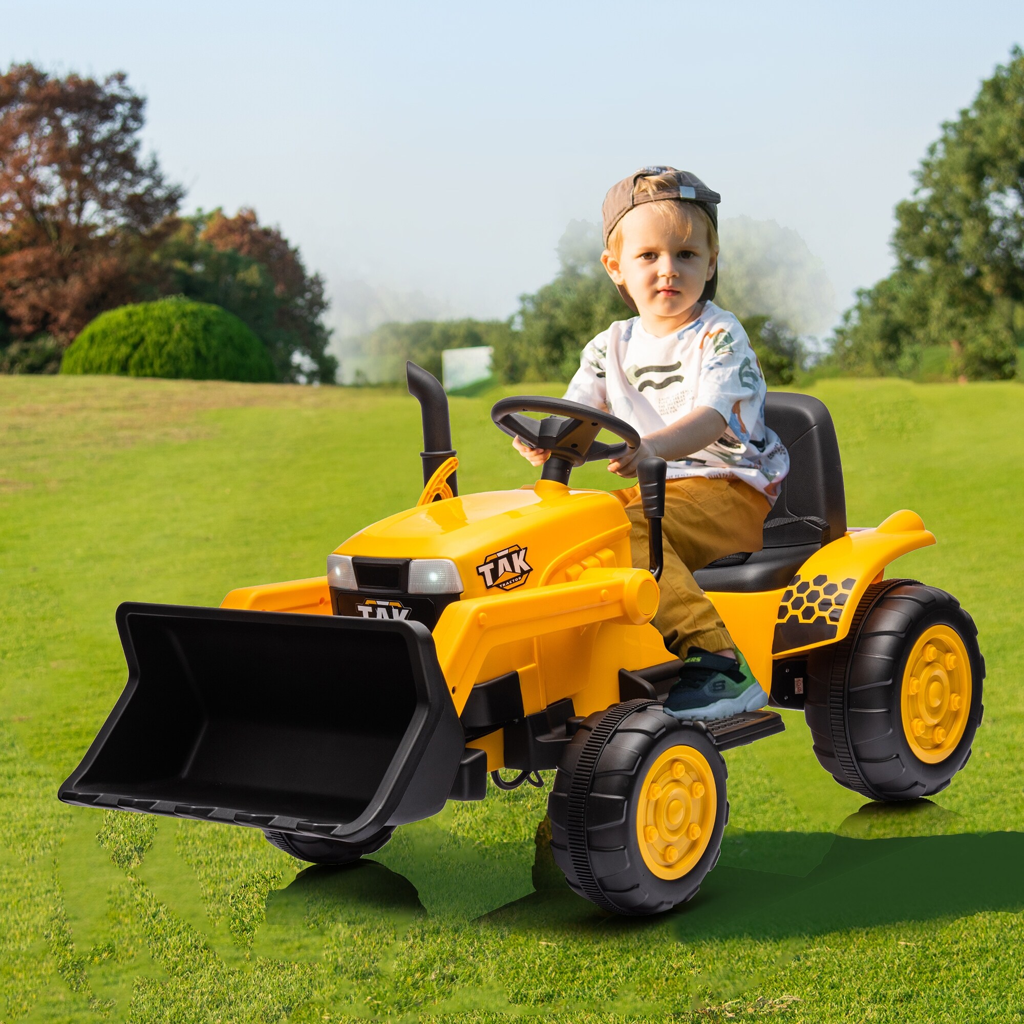 12V Kids Ride On Tractor with Front Loader Digging Handle Remote Control Dual Motors and LED Headlights for Ages 3 6 Yellow