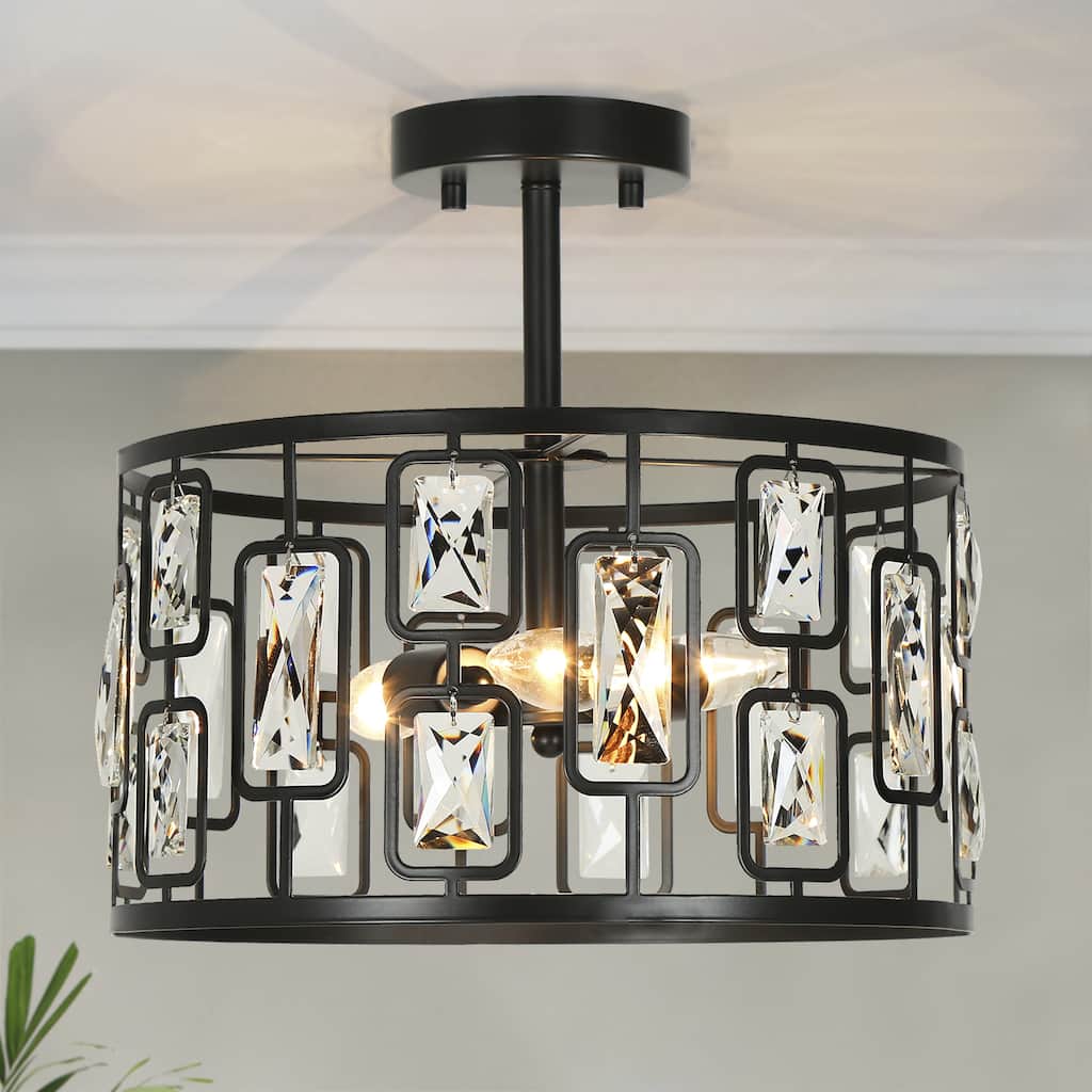 Dana Modern Black 3-Light Drum Chandelier Semi-flush Mount Ceiling Light - D13"* H12.5"