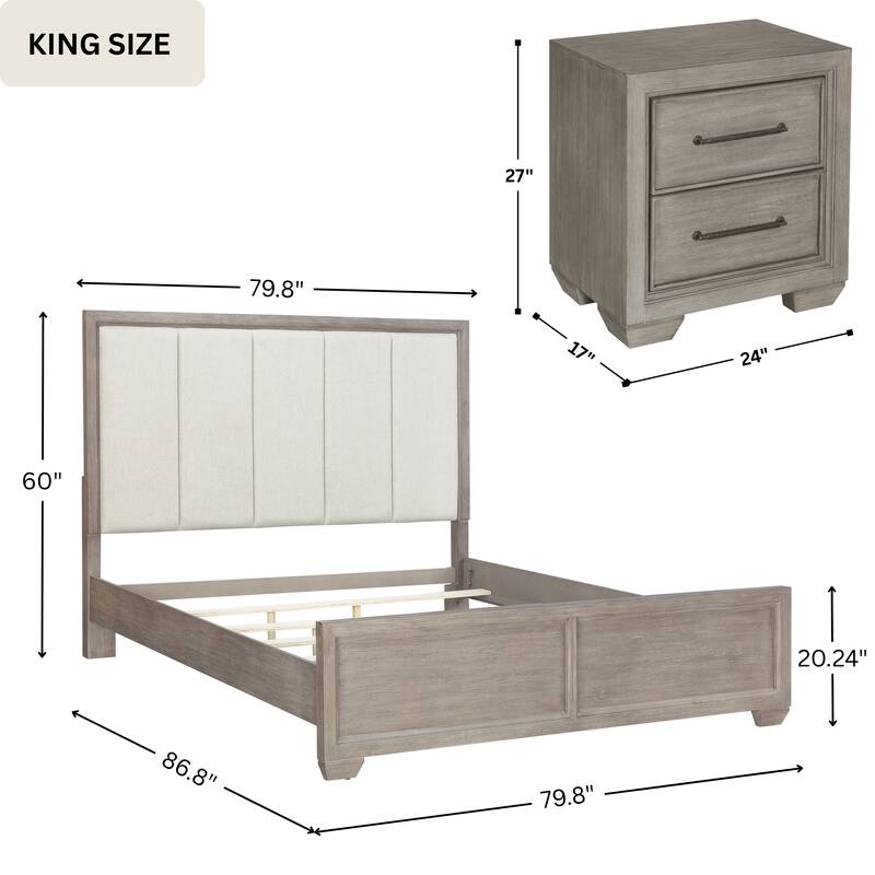 Roundhill Furniture Ennesley 3-Piece Gray Wood Bedroom Set, Upholstered Panel Bed and 2 Nightstands