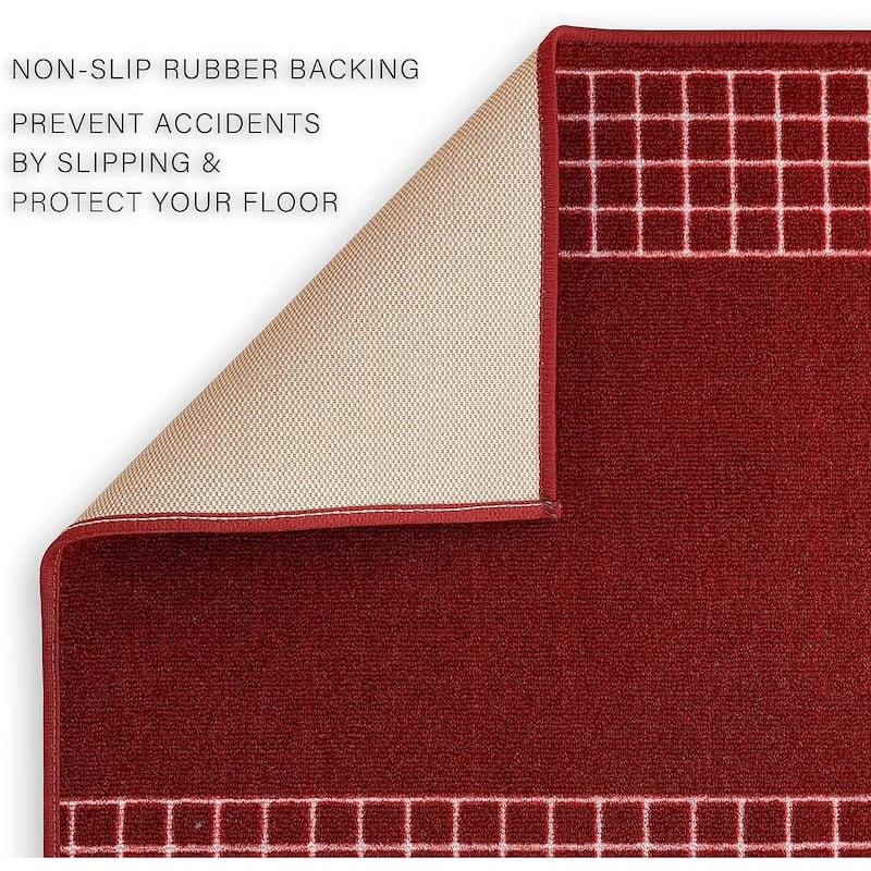 Custom Size Checkered Border Design Brown,Gray,Red Color Non-Slip Rubber Backing- 31 Inch WidexYour Choice of Length Runner Rug