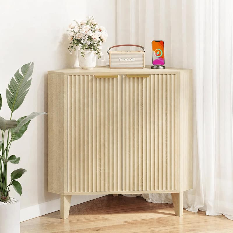 EROMMY Fluted Wood Corner Storage Cabinet with Power Strip, Adjustable Shelf, Small Space Corner Unit - Beige