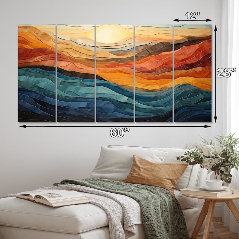 Designart "Coral Teal Bold Mountains Landscape" Modern Multipanel Canvas Wall Art set