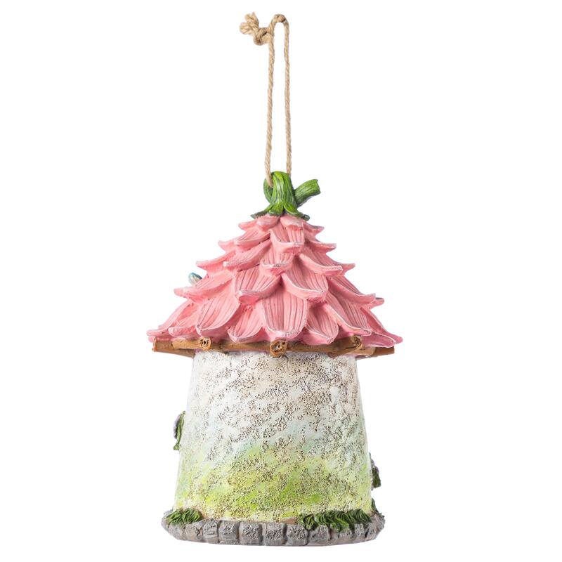 Glitzhome 9''H Resin Pink Yellow Roof Outdoor Garden Birdhouse