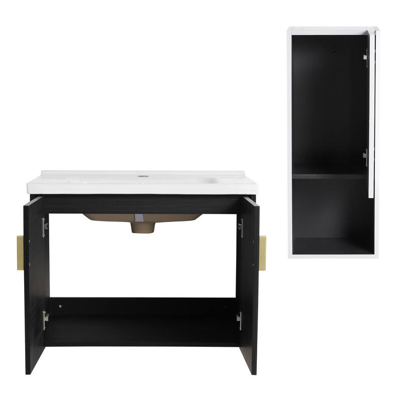 28" Wall-Mounted Bathroom Vanity With Ceramic Sink and Side Cabinet, Soft Close Doors, Combination Cabinet