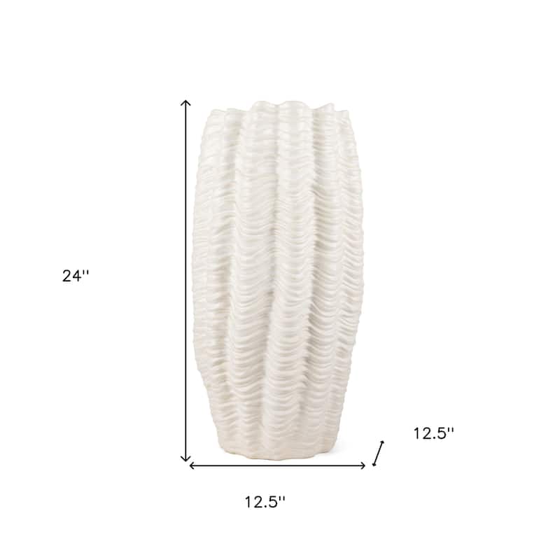 24" Cream Cylinder Ceramic Sculptural Waves Table Vase - 12.50