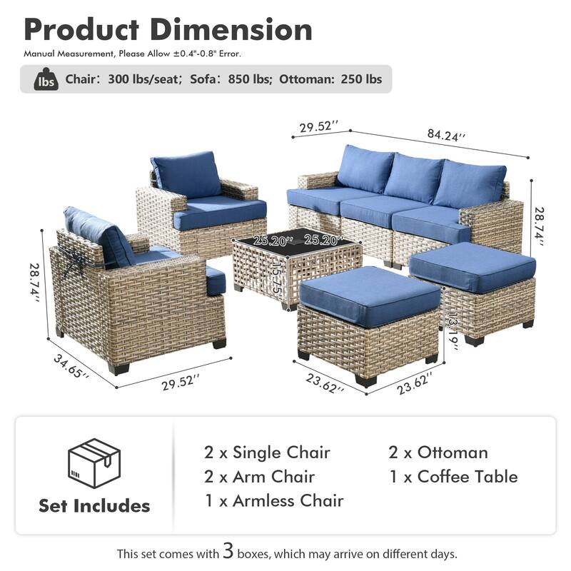 OVIOS 8 Pieces T shaped Seat Wide Armrest Set With Solar-Powered Coffee Table
