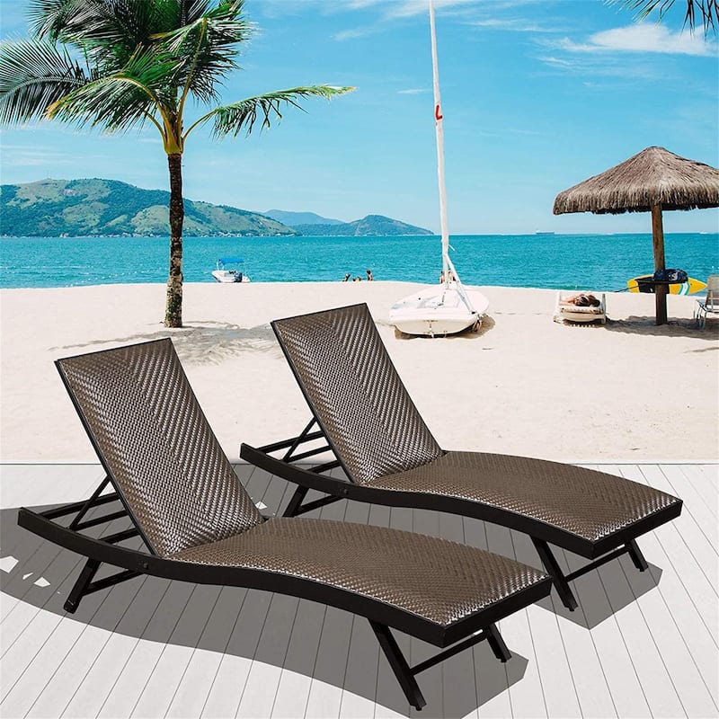 5 Adjustable Outdoor Aluminium PE Wicker Chaise Lounge Chairs in Dark Brown,Set of 2 - N/A - Brown