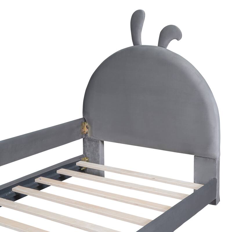 Twin Upholstered Daybed with Fun Rabbit Ear-Shaped Headboard, Velvet Finish, and Sturdy Wood Frame - Grey/Beige/Pink