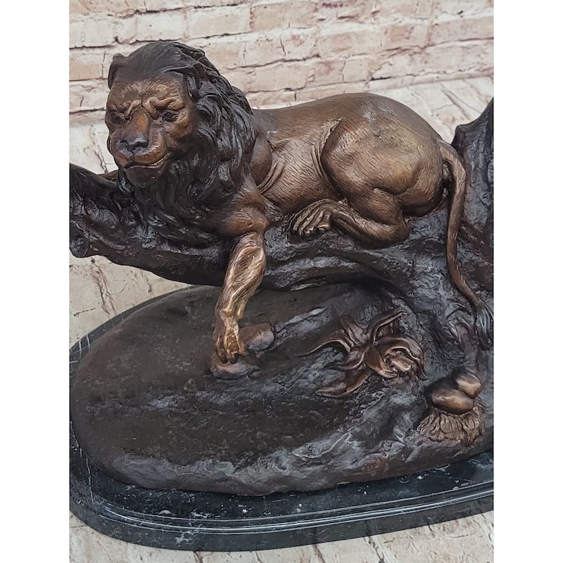 Lion Resting On A Branch - Bronze Sculpture Statue Wildlife Decor By J. Moigniez