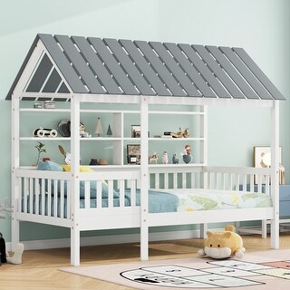 White Twin Size Solid Wood House Bed with Roof, Guardrail, and Shelves