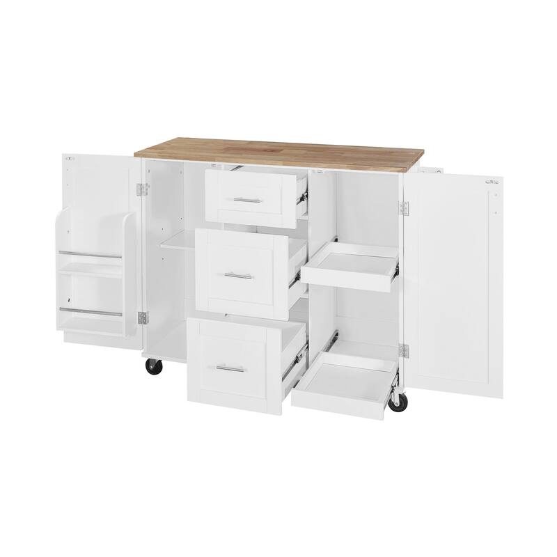 Rubberwood Kitchen Cart with Internal Storage Rack, Spice Rack, 2 Slide-Out Shelf, and 3 Drawer