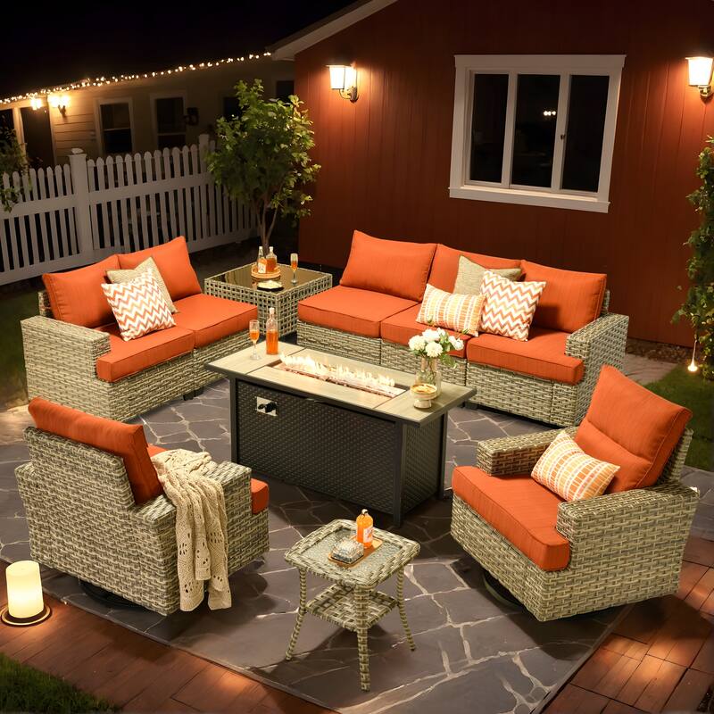 HOOOWOOO 10-piece Rattan Wicker Patio Outdoor Furniture Fire Pit Set with Swivel Rocking Chairs - Red/Orange