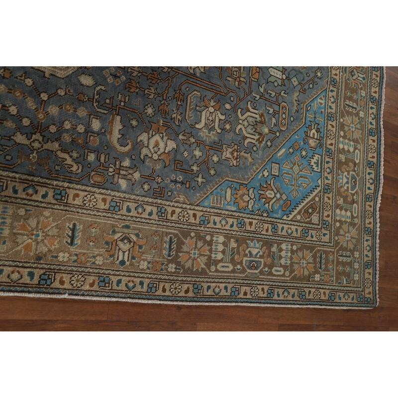Blue Geometric Tabriz Vintage Persian Rug Hand-Knotted Wool Carpet - 6'5" x 9'4"
