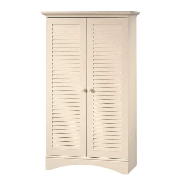 slide 2 of 2, Louver 2-Door Storage Cabinet Bed Bath Armoire Wardrobe in Antique White - 61" H x 35.5" W x 16.75" D
